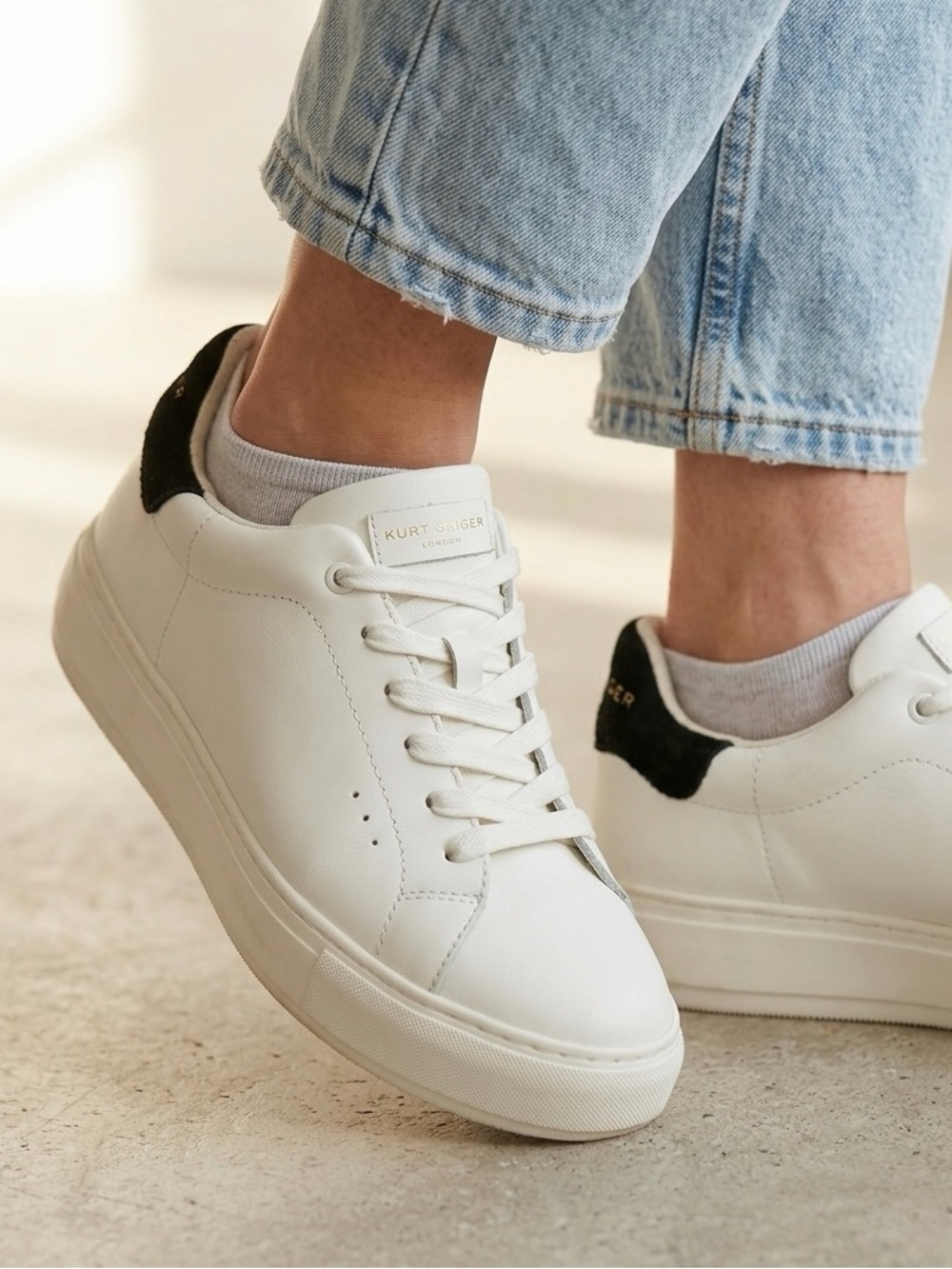 Kurt Geiger White Leather Sneakers with Black Heel